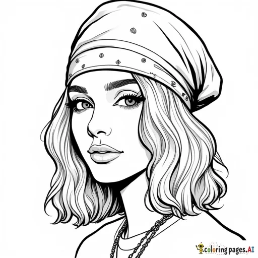 „Ein Ausmalbild einer modernen hip Hop Frau in Nahaufnahme mit starkem Hip-Hop-Flair. Sie trägt eine Kappe, die leicht zur Seite gedreht ist, und darunter ein Bandana. Ihre Haare sind minimalistisch und mit nur wenigen Linien angedeutet, ohne Strähnen oder Details. Der Hintergrund ist leer, und das Bild hat klare, einfache Konturen, ideal zum Ausmalen.“