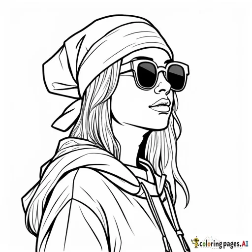 „Ein Ausmalbild einer modernen hip Hop Frau in Nahaufnahme mit starkem Hip-Hop-Flair. Sie trägt eine Kappe, die leicht zur Seite gedreht ist, und darunter ein Bandana. Ihre Haare sind minimalistisch und mit nur wenigen Linien angedeutet, ohne Strähnen oder Details. Der Hintergrund ist leer, und das Bild hat klare, einfache Konturen, ideal zum Ausmalen.“