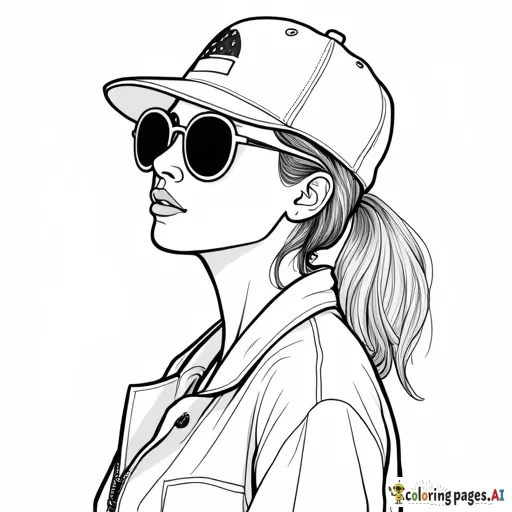 „Ein Ausmalbild einer modernen hip Hop Frau in Nahaufnahme mit starkem Hip-Hop-Flair. Sie trägt eine Kappe, die leicht zur Seite gedreht ist, und darunter ein Bandana. Ihre Haare sind minimalistisch und mit nur wenigen Linien angedeutet, ohne Strähnen oder Details. Der Hintergrund ist leer, und das Bild hat klare, einfache Konturen, ideal zum Ausmalen.“