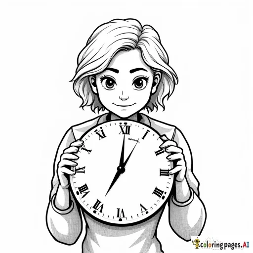 Eine Frau hält eine große, halb kaputte  Uhr in den Händen. Die Uhr ist an einer Seite zerbrochen, und Teile der Zeiger und des Ziffernblatts sind beschädigt und risse. Die Frau schaut nachdenklich auf die Uhr, während ihre Haltung eine Mischung aus Besorgnis und Nachdenklichkeit zeigt. Die Linien sind klar und minimalistisch gehalten, ideal für ein Ausmalbild, ohne unnötige Details. Ihr Gesichtsausdruck ist ruhig. und die risse sind auch bei der frau