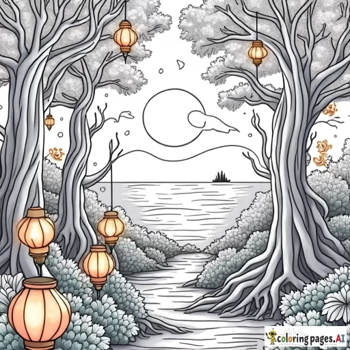 Ethereal Dreamscape Forest: A surreal forest illuminated by glowing bioluminescent plants and oversized crystalline trees. Twisting roots form natural archways, while floating lanterns cast soft, colorful light on intricate leaf patterns. In the background, a sky filled with swirling auroras and distant floating islands creates a tranquil, otherworldly atmosphere. The scene blends fantasy and nature with detailed patterns perfect for coloring relaxation and creative escape.