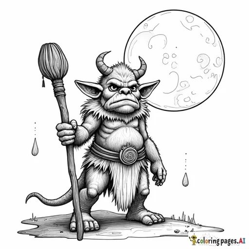 fantasy, troll holding a staff, large moon