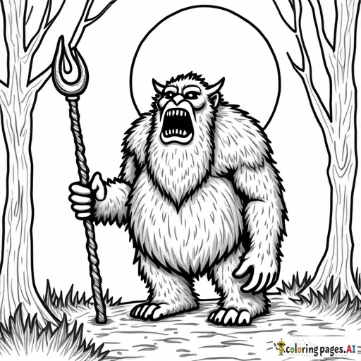 fantasy, troll holding a staff, large moon, forest background