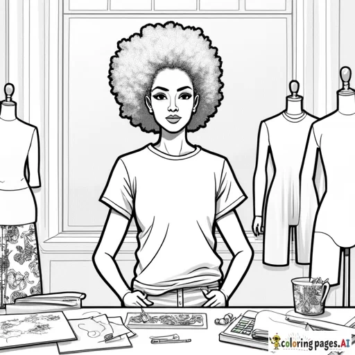 Fashion Design Studio - A designer’s studio with mannequins, fabric swatches, and sketchbooks.a woman of color in afro is wearing the T-shirt