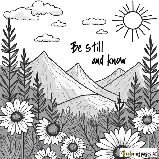 flowery, mountain, nature-filled coloring pages with the words "be still and know" somewhere on the page.