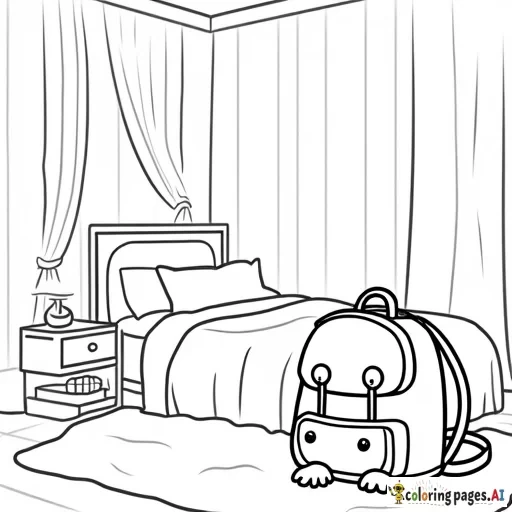 For a children's coloring book, the theme for the book is a magical backpack that transports the kid to other worlds. For the first page, the scene is going to be in the child's bedroom, the backpack on the floor and glowing. Do not include humans, faces or people of any kind. And remember it is for a children's coloring book so should be black and white and with big white spaces easy for a child to color.