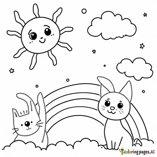 For Preschoolers:** - "Create 10 simple and fun coloring page of  cute smiling sun, fluffy clouds, and rainbow with stars. Add playful animals like a bunny and a cat, all with large eyes and soft shapes, suitable for preschoolers. All ten should be completely different from  each other