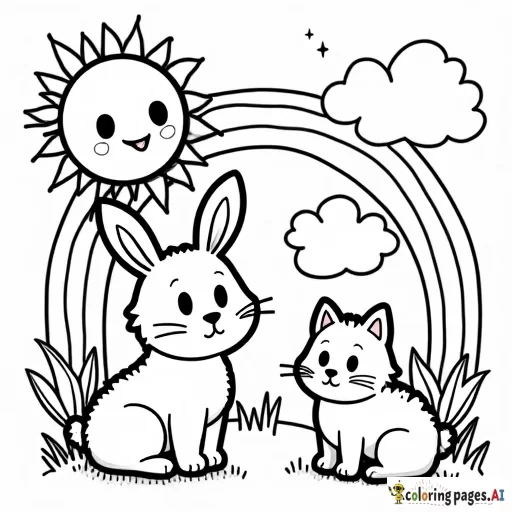 For Preschoolers:** - "Create a simple and fun coloring page of a cute smiling sun, fluffy clouds, and rainbow with stars. Add playful animals like a bunny and a cat, all with large eyes and soft shapes, suitable for preschoolers."