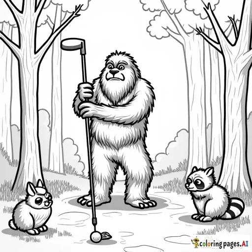 friendly bigfoot playing golf in the woods with a rabbit, owl, and a raccoon