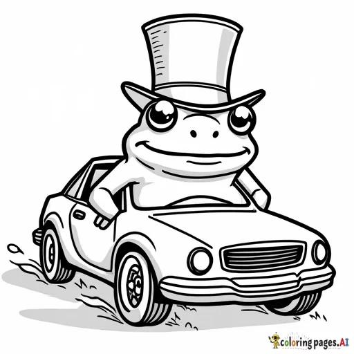 frog, wearing a top hat, driving a car