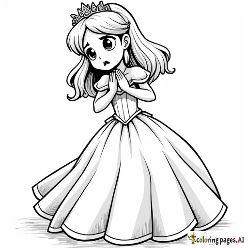 full body realistic princess character with concerned/dismayed/frightened expression twirling to face opposite direction, hands clasped to chest, mouth slightly open, minimal background, side view, in Anime Manga Line Art