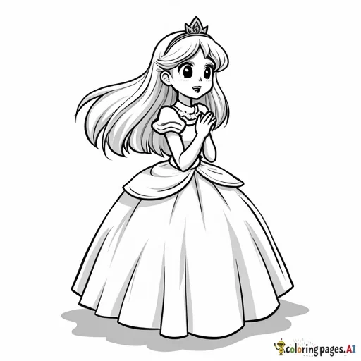 full body realistic princess character with concerned/dismayed/frightened expression twirling to face opposite direction, hands clasped to chest, mouth slightly open, minimal background, side view, in Anime Manga Line Art