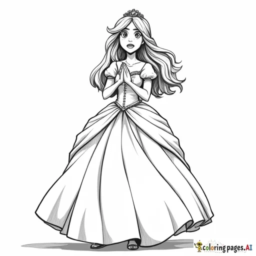 full body realistic princess character with concerned/dismayed/frightened expression twirling to face opposite direction, hands clasped to chest, mouth slightly open, minimal background, side view, in Anime Manga Line Art