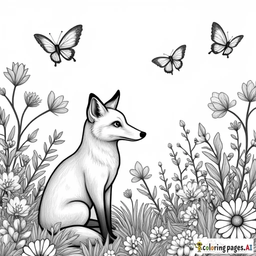 garden of flowers and butterflies with a fox