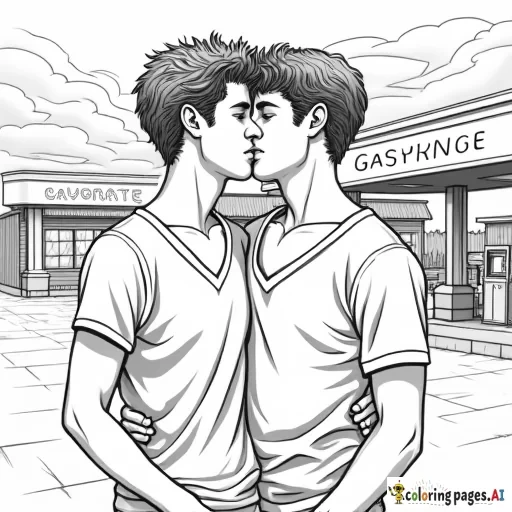 Gay couple Caucasian jet black hair blue eyes Billy Hinkle aka the Advocate 18 year old and  Caucasian curly chestnut hair boy Tate Beau dean 18 years old in loving embrace in front of gas station art in the style of  Alex Ross