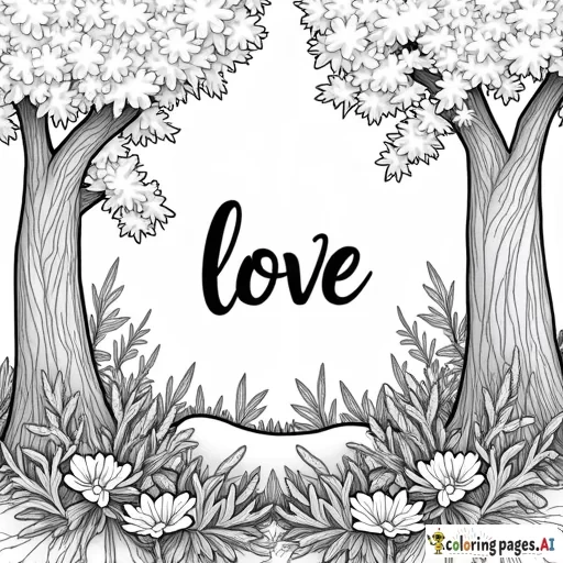 Generate a coloring page that has trees, animals, and flowers. Write LOVE in calligraphy in the middle of the page.