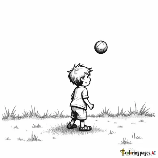 generate a colouring image of a boy standing with a ball in the grass. The ball is shown mid-air as if it is bouncing