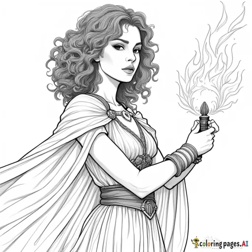 Generate a colouring page of a serious magic wielding woman with curly hair