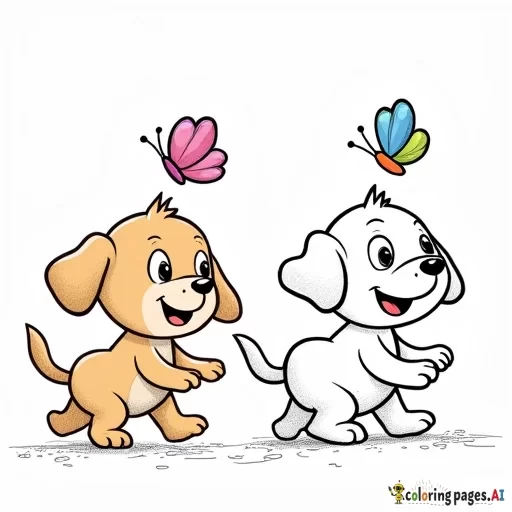Generate an image with a colored illustration of 'a playful puppy chasing a butterfly' on the left side, and the same illustration in a black-and-white outline on the right side. Include floppy ears, a wagging tail, and a colorful butterfly to enhance the image. Both sections should have a white background.