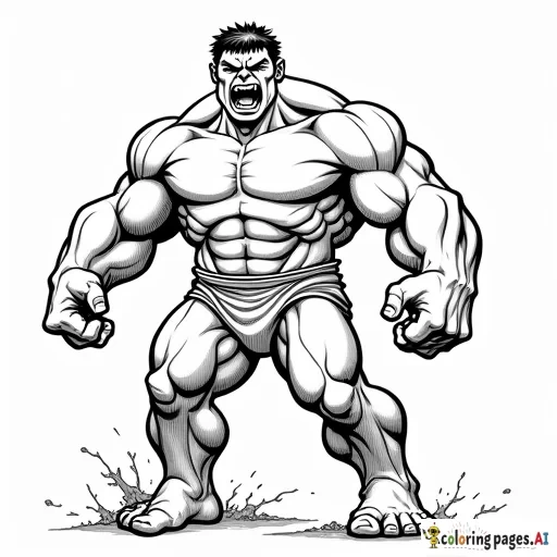 Generate an image with a colored illustration of 'Hulk in his powerful, muscular form' on the left side, and the same illustration in a black-and-white outline on the right side. Include 'ripped clothing, bulging muscles, and an intense roaring expression' to enhance the image. Both sections should have a white background.