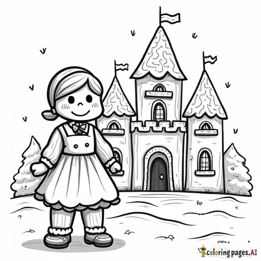 gingerbread cookie girl in front of a gingerbread castle