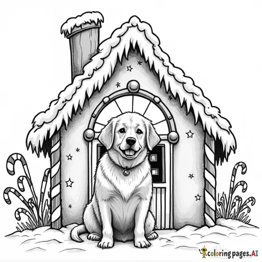 golden retriever in a gingerbread house with candy canes on the side it should be looking out a window and the grinch should be on the roof