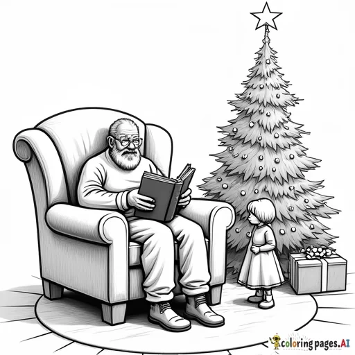 Grandpa sitting in his chair, holding the leather-bound book, with the Christmas tree glowing behind him and the cousins gathered around.