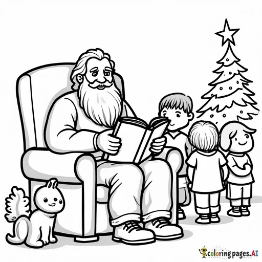 Grandpa with a very short beard sitting in his chair, holding the leather-bound book, with the Christmas tree glowing behind him and the cousins gathered around.