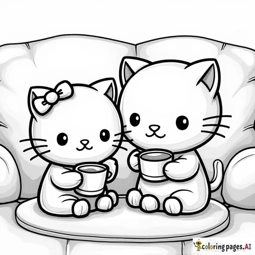 Hello kitty and friends drinking hot chocolate on the couch