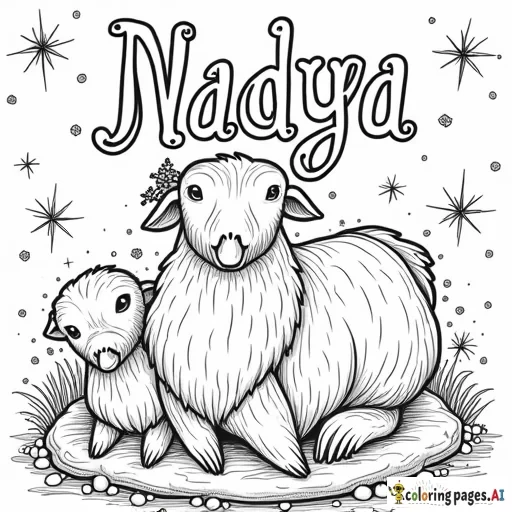 holiday coloring page for adult with the name Nadya in the center