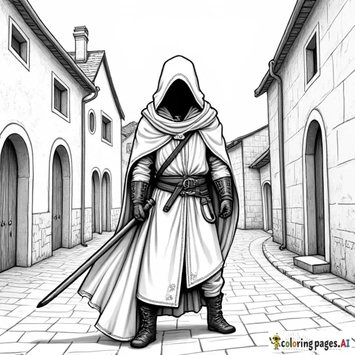 Hooded assassin in medieval town