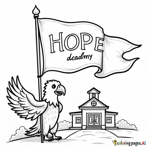 Hope Academy GSO Logo on a flag. a kids friendly eagle holding the flag standing infront of a school house