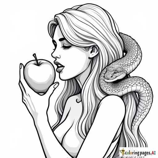 human woman biting an apple with a mean large snake crawling up her arm looking at apple