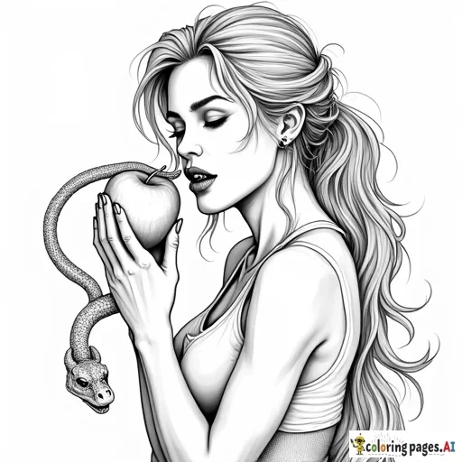 human woman biting an apple with a mean serpent crawling up her arm looking at apple
