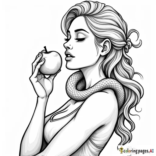 human woman biting an apple with a serpent crawling up her arm