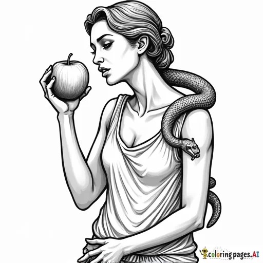 human woman biting an apple with a serpent crawling up her arm looking at apple