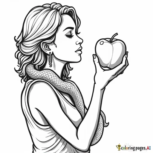 human woman biting into an apple with a mean large snake crawling up her arm looking at apple