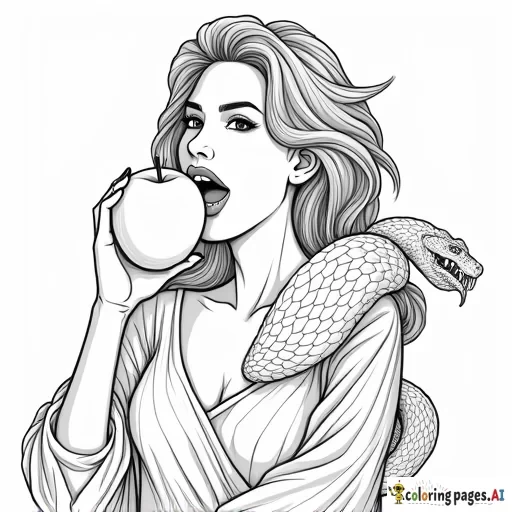 human woman biting into an apple with a mean large snake wrapped around arm with fangs