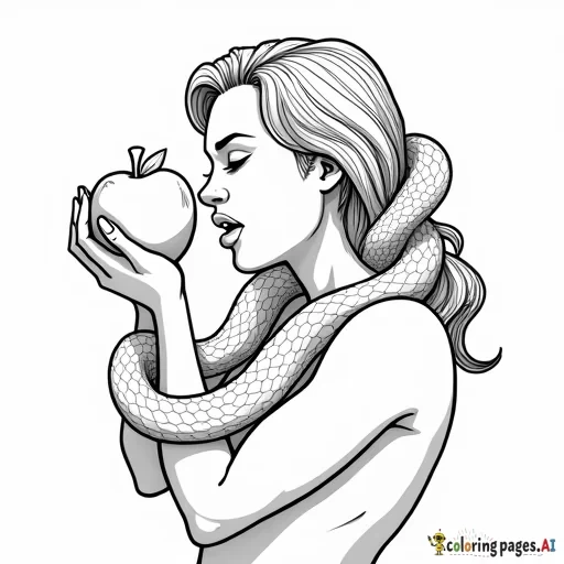 human woman closed eyes biting into an apple with a mean large snake wrapped around arm with fangs