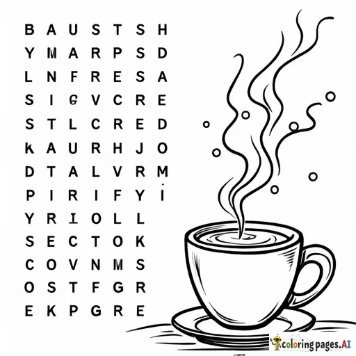 I want to design a 1 sheet coloring page on a regular sheet of letter paper for della coffee. Can you come up with one that includes a word search with coffee words, tick tac toe, a cute picture to color and anything else that might be good? Suited for the age ranges of 4-8.