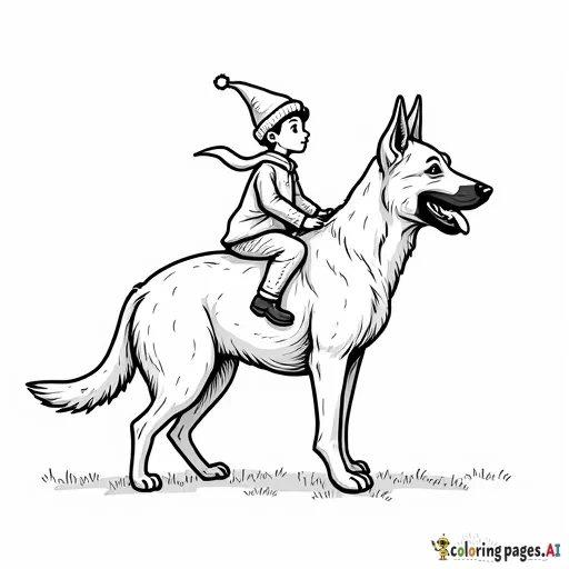image of small elf riding on the back of a german shepard