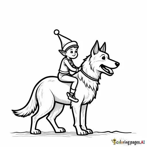 image of small elf riding on the back of a german shepard and the german shepard should be wearing a santa hat