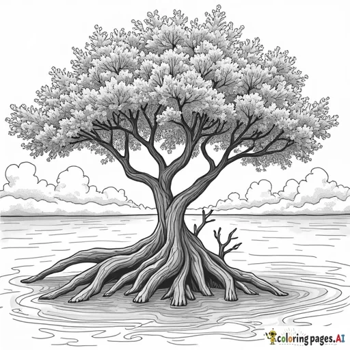 intricate adult coloring page featuring mangrove trees in their natural environment