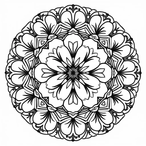 "Intricate mandala design featuring delicate cherry blossoms as the central motif, with each blossom carefully outlined with fine lines and small details in the petals. Surrounding the blossoms are elegant swirls, small leaves, and intricate patterns that radiate outward. The design combines geometric precision with the soft, organic flow of petals, creating a harmonious and calming experience for adult coloring."