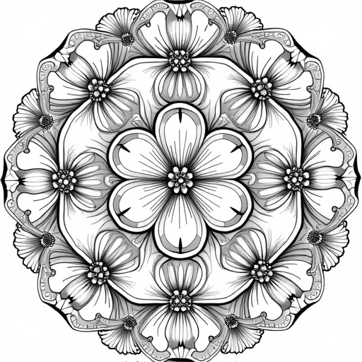 "Intricate mandala design featuring delicate cherry blossoms as the central motif, with each blossom carefully outlined with fine lines and small details in the petals. Surrounding the blossoms are elegant swirls, small leaves, and intricate patterns that radiate outward. The design combines geometric precision with the soft, organic flow of petals, creating a harmonious and calming experience for adult coloring."