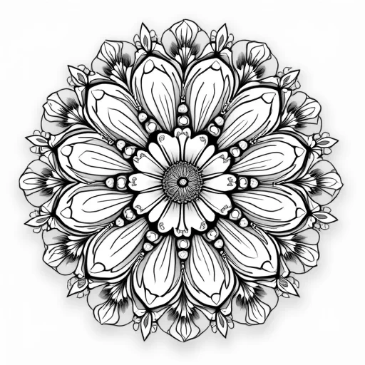 "Intricate mandala design featuring lush roses as the central focal point. Surrounding the roses are symmetrical patterns of soft swirls, leaves, and decorative flourishes. The outer layers of the mandala include fine, detailed rose buds and intertwining vines. Each element is meticulously drawn with clean lines, creating a calming, ornate design that invites relaxation and mindfulness during coloring."
