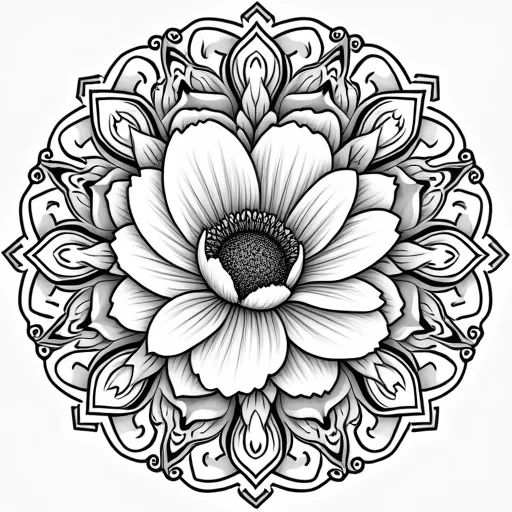 "Intricate mandala featuring large, blooming peonies with finely detailed petals and delicate linework in the center. Surrounding the flowers are soft, swirling decorative flourishes and repeating floral patterns, creating a flowing, harmonious design. The outer layers of the mandala incorporate fine details of leaves, small buds, and geometric shapes, offering a peaceful, balanced composition perfect for a relaxing and detailed adult coloring page."