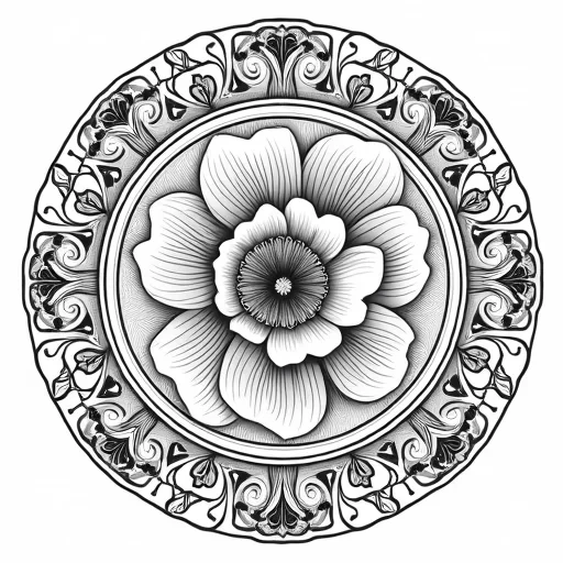"Intricate mandala featuring large, blooming peonies with finely detailed petals and delicate linework in the center. Surrounding the flowers are soft, swirling decorative flourishes and repeating floral patterns, creating a flowing, harmonious design. The outer layers of the mandala incorporate fine details of leaves, small buds, and geometric shapes, offering a peaceful, balanced composition perfect for a relaxing and detailed adult coloring page."