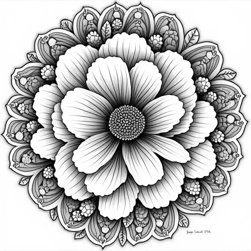 "Intricate mandala with large, blooming peonies at the center, their petals finely detailed with fine linework and soft shading. The peonies are surrounded by swirling vines and leaves that flow symmetrically outward, filling each layer of the mandala. The outer edges feature subtle floral motifs, creating a harmonious, relaxing design. The fine detailing and clean lines create a calming atmosphere for mindful coloring."