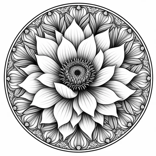 "Intricate mandala with large, blooming peonies at the center, their petals finely detailed with fine linework and soft shading. The peonies are surrounded by swirling vines and leaves that flow symmetrically outward, filling each layer of the mandala. The outer edges feature subtle floral motifs, creating a harmonious, relaxing design. The fine detailing and clean lines create a calming atmosphere for mindful coloring."